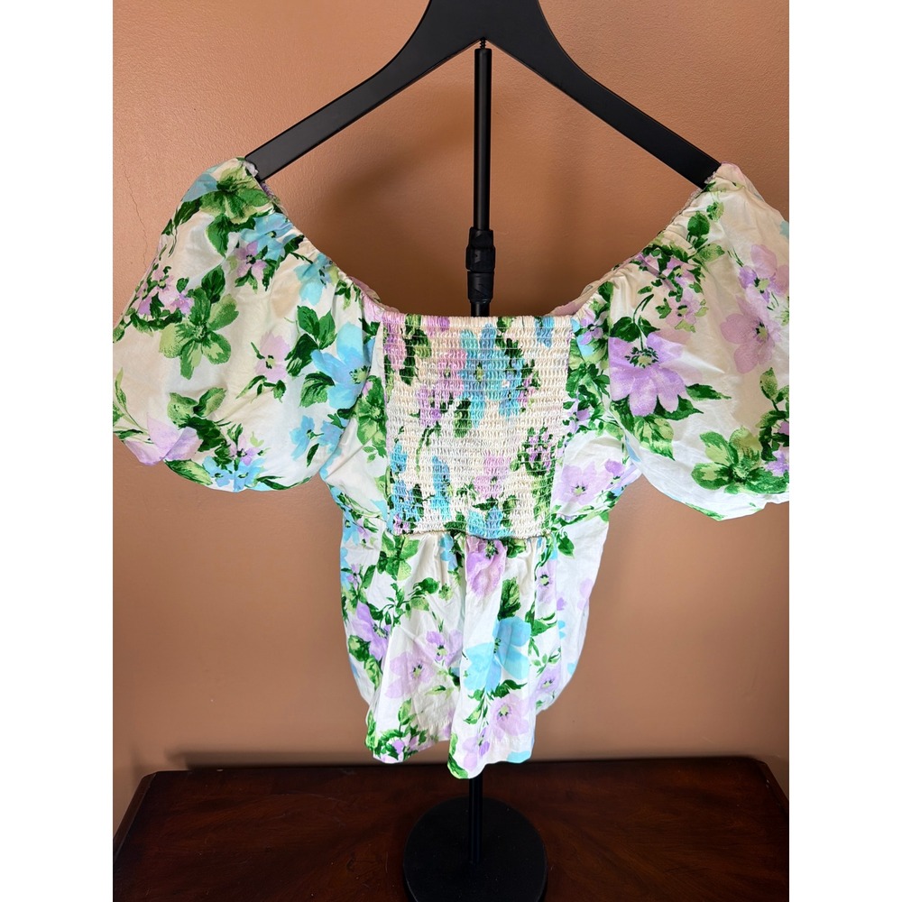 Old Navy Floral Puff Sleeve Smocked Back Blouse Purple Blue Green White Large